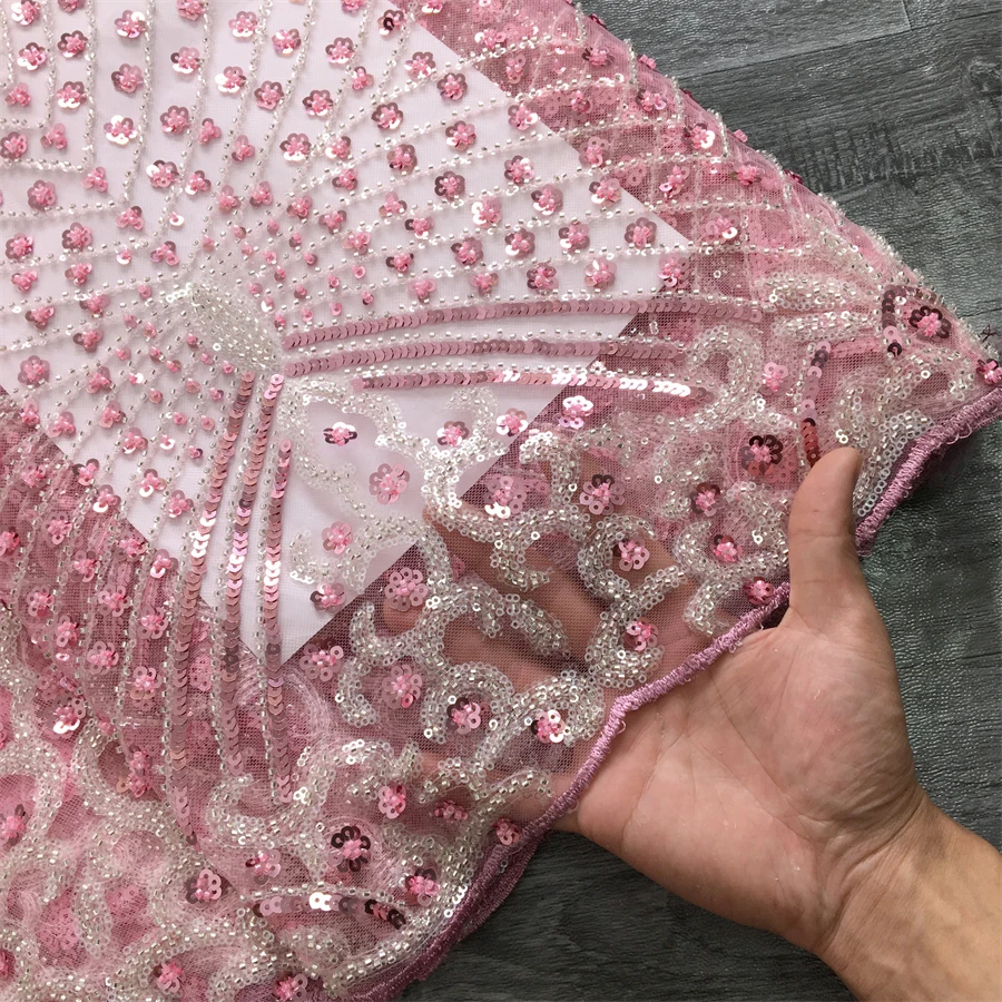 SJD LACE French Beaded Sequined Lace Fabric 5 Yards Nigerian Tulle Mesh Cloth For African Women Sewing Wedding Prom Party Evening Gown DIY Dress Material 3736