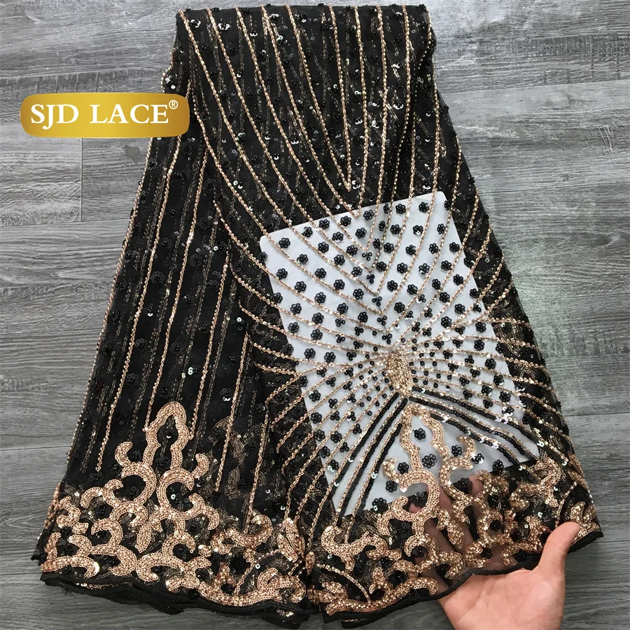 SJD LACE French Beaded Sequined Lace Fabric 5 Yards Nigerian Tulle Mesh Cloth For African Women Sewing Wedding Prom Party Evening Gown DIY Dress Material 3736