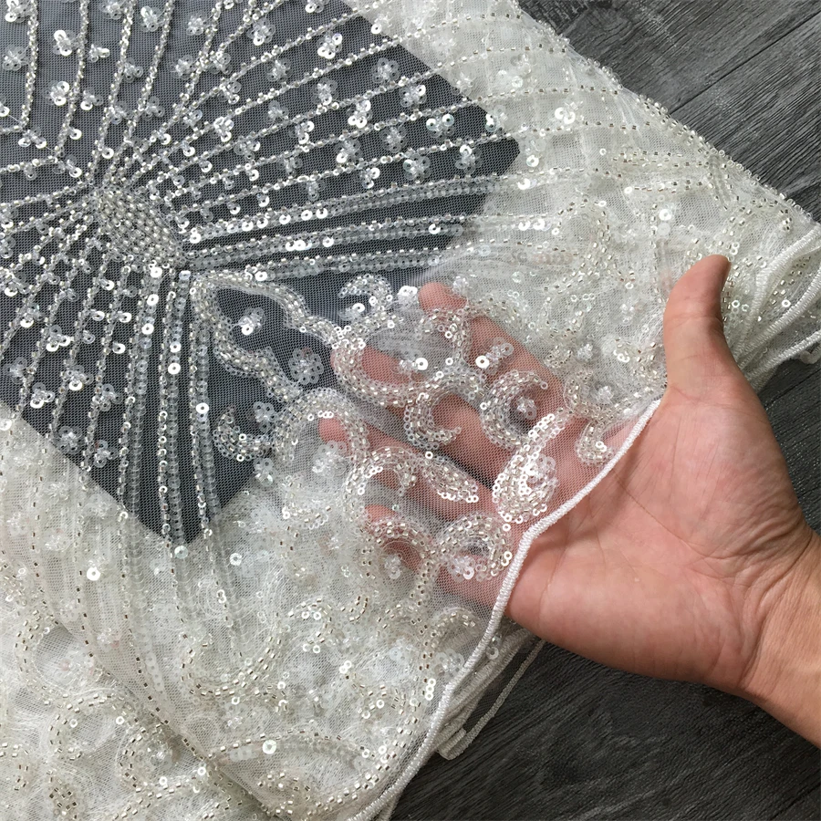 SJD LACE French Beaded Sequined Lace Fabric 5 Yards Nigerian Tulle Mesh Cloth For African Women Sewing Wedding Prom Party Evening Gown DIY Dress Material 3736