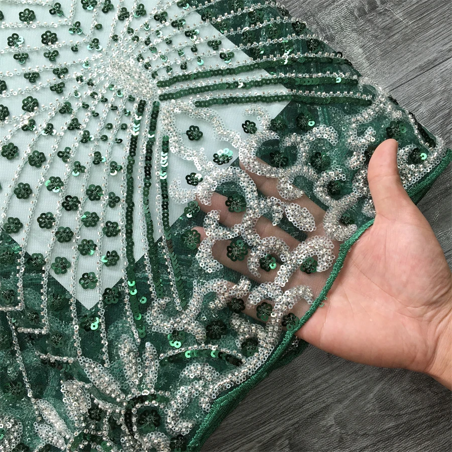SJD LACE French Beaded Sequined Lace Fabric 5 Yards Nigerian Tulle Mesh Cloth For African Women Sewing Wedding Prom Party Evening Gown DIY Dress Material 3736