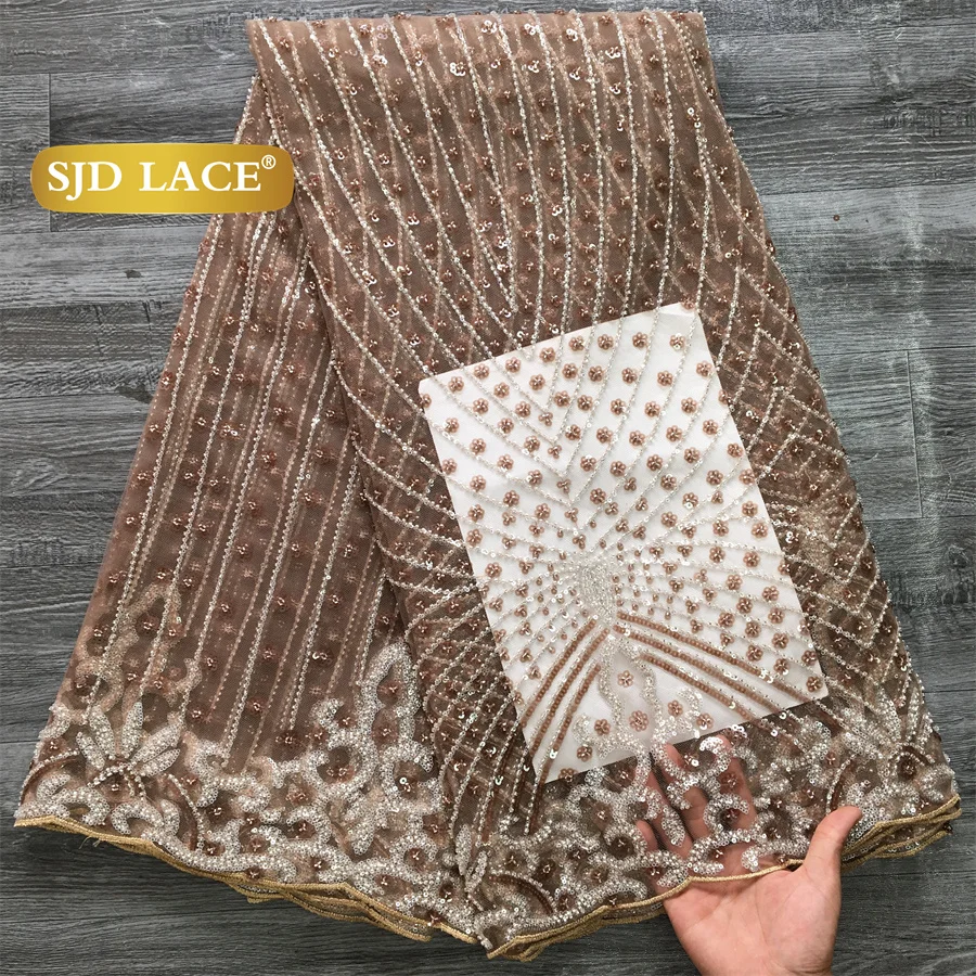 SJD LACE French Beaded Sequined Lace Fabric 5 Yards Nigerian Tulle Mesh Cloth For African Women Sewing Wedding Prom Party Evening Gown DIY Dress Material 3736