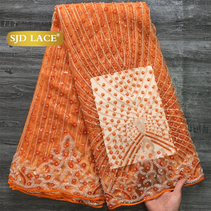SJD LACE French Beaded Sequined Lace Fabric 5 Yards Nigerian Tulle Mesh Cloth For African Women Sewing Wedding Prom Party Evening Gown DIY Dress Material 3736