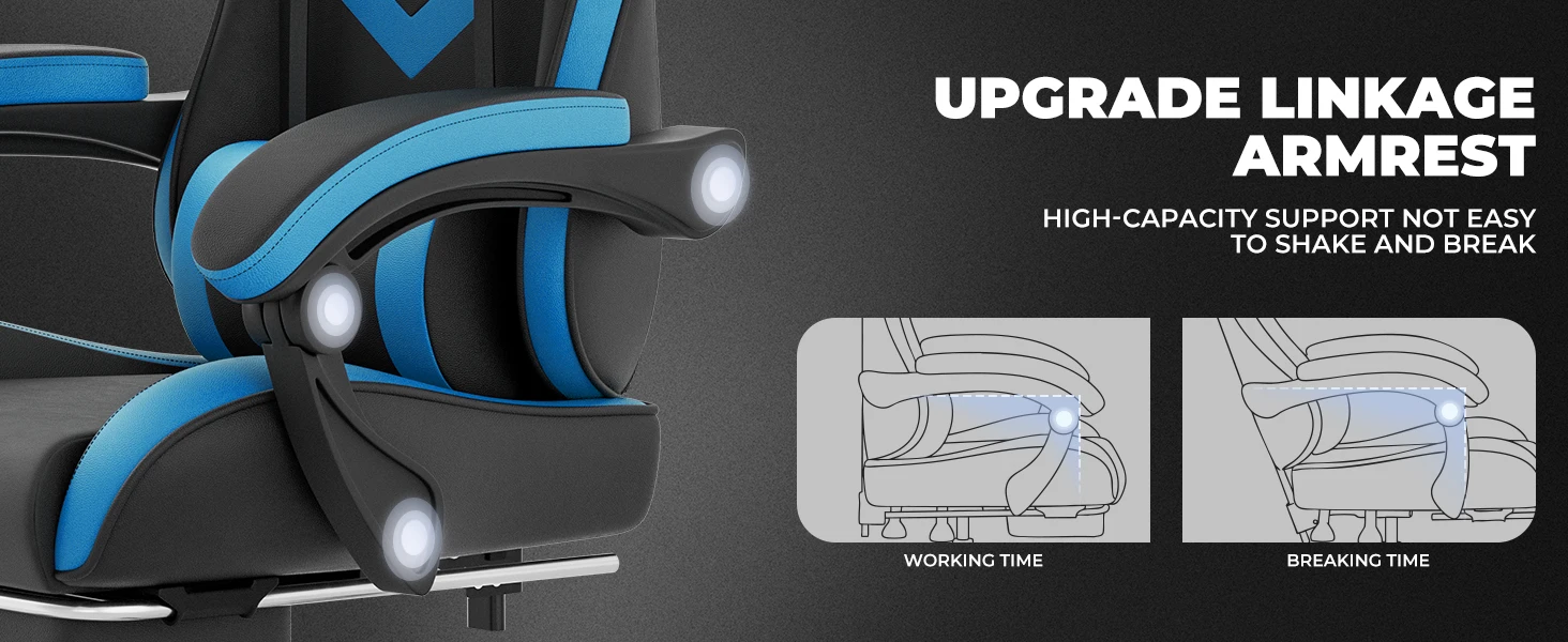 Gaming Chair with Footrest & Massage Lumbar Support, PU Leather Ergonomic High Back Swivel Height Adjustable Chair for Adults, Office Gaming, 300 lbs (Black Blue)