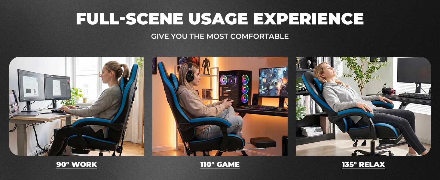 Gaming Chair with Footrest & Massage Lumbar Support, PU Leather Ergonomic High Back Swivel Height Adjustable Chair for Adults, Office Gaming, 300 lbs (Black Blue)