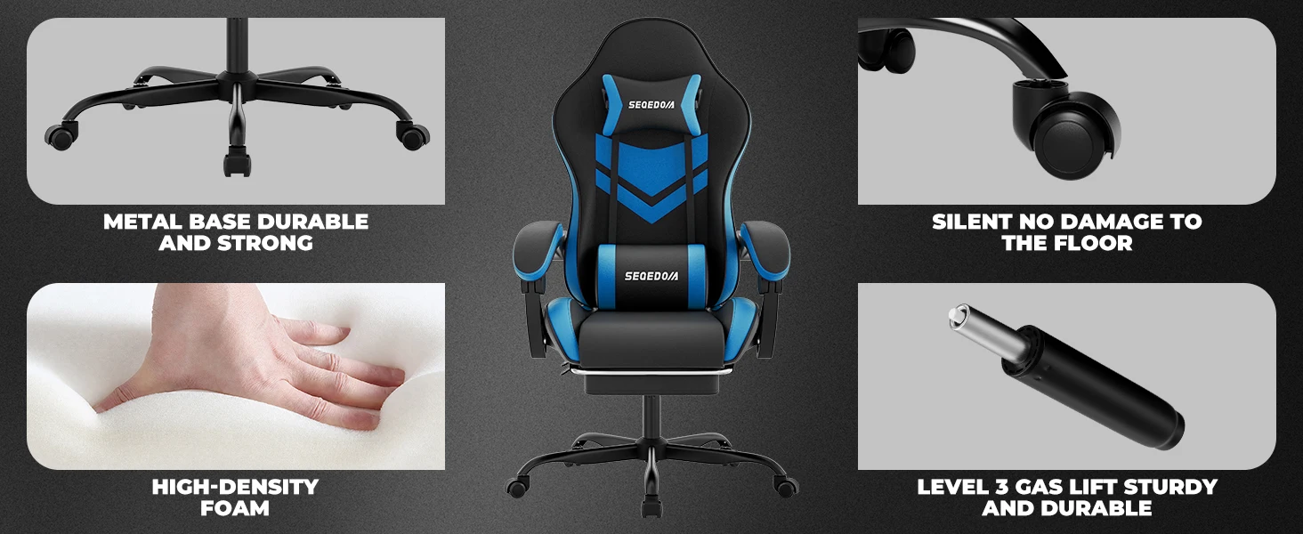 Gaming Chair with Footrest & Massage Lumbar Support, PU Leather Ergonomic High Back Swivel Height Adjustable Chair for Adults, Office Gaming, 300 lbs (Black Blue)