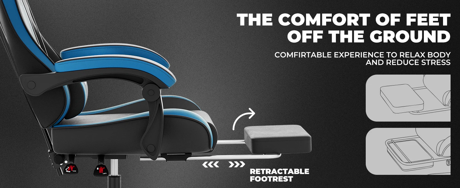 Gaming Chair with Footrest & Massage Lumbar Support, PU Leather Ergonomic High Back Swivel Height Adjustable Chair for Adults, Office Gaming, 300 lbs (Black Blue)
