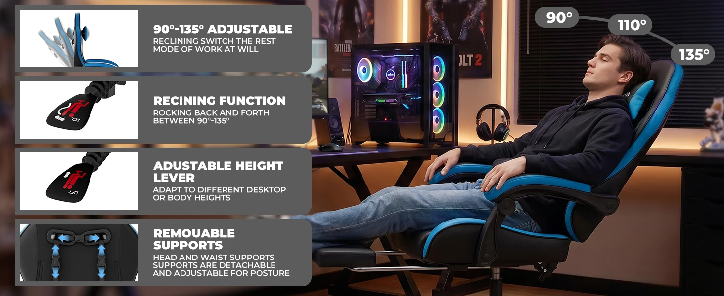 Gaming Chair with Footrest & Massage Lumbar Support, PU Leather Ergonomic High Back Swivel Height Adjustable Chair for Adults, Office Gaming, 300 lbs (Black Blue)