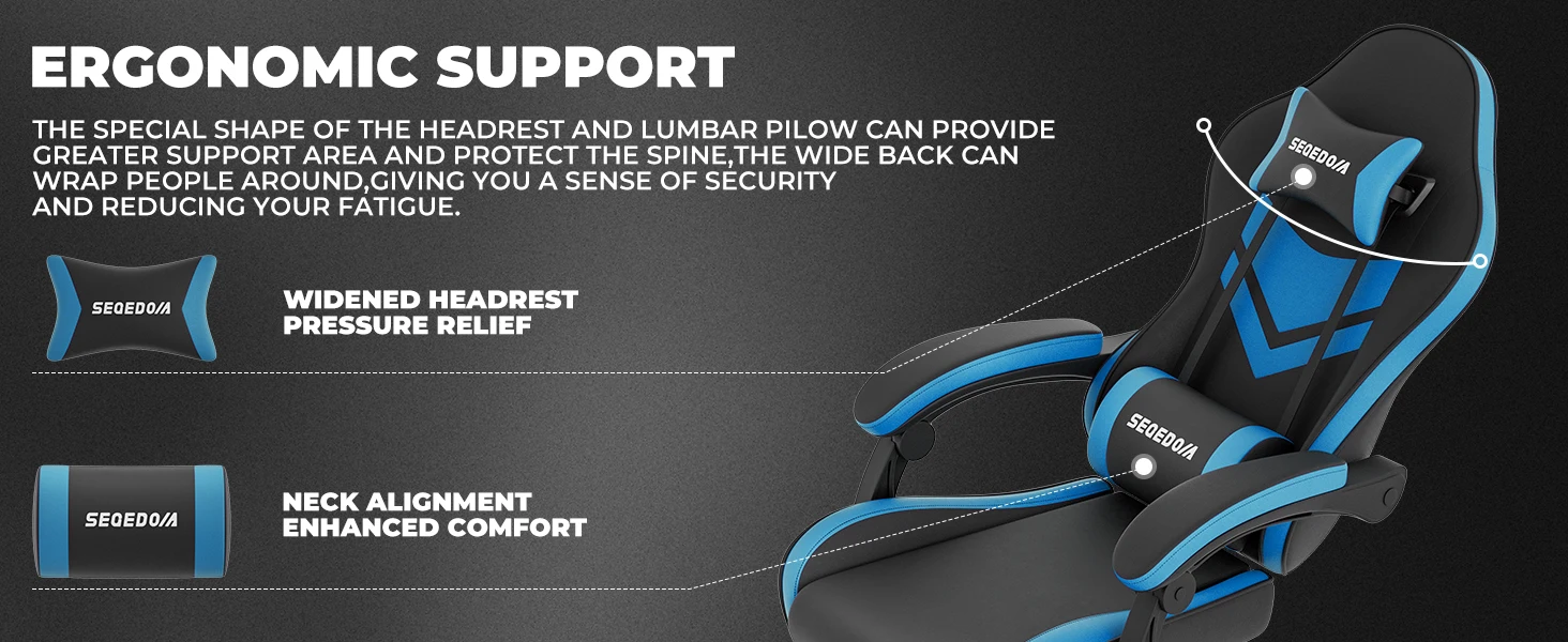 Gaming Chair with Footrest & Massage Lumbar Support, PU Leather Ergonomic High Back Swivel Height Adjustable Chair for Adults, Office Gaming, 300 lbs (Black Blue)