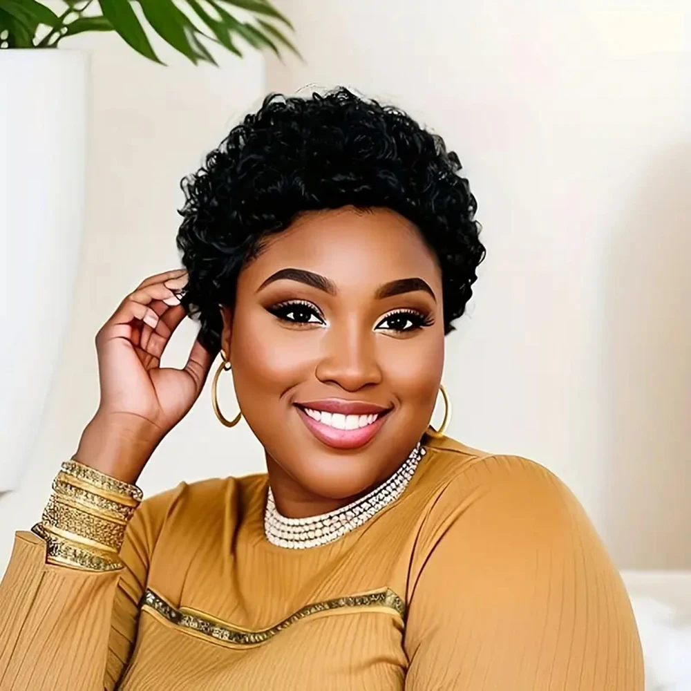 Jerry Curly Human Hair Wigs for Women Short Pixie Cut Curly Wig Natural Looking Colored Hair Wigs Full Machine Made For Women