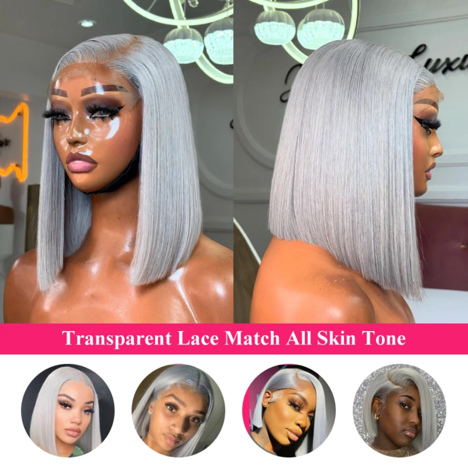 Short Straight Bob Human Hair Wig Silver Grey 13x6 HD Transparent Lace Front Bob Wigs For Women Gray Color Pre Plucked Hairline With Baby Hair 8 10 12 inch