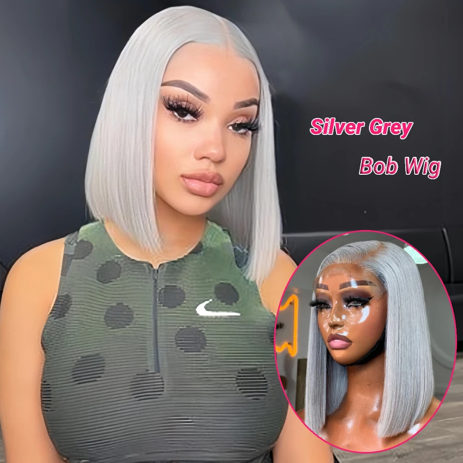 Short Straight Bob Human Hair Wig Silver Grey 13x6 HD Transparent Lace Front Bob Wigs For Women Gray Color Pre Plucked Hairline With Baby Hair 8 10 12 inch