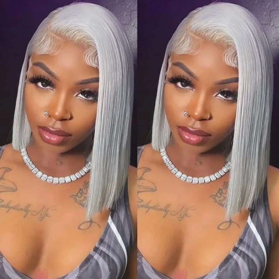 Short Straight Bob Human Hair Wig Silver Grey 13x6 HD Transparent Lace Front Bob Wigs For Women Gray Color Pre Plucked Hairline With Baby Hair 8 10 12 inch