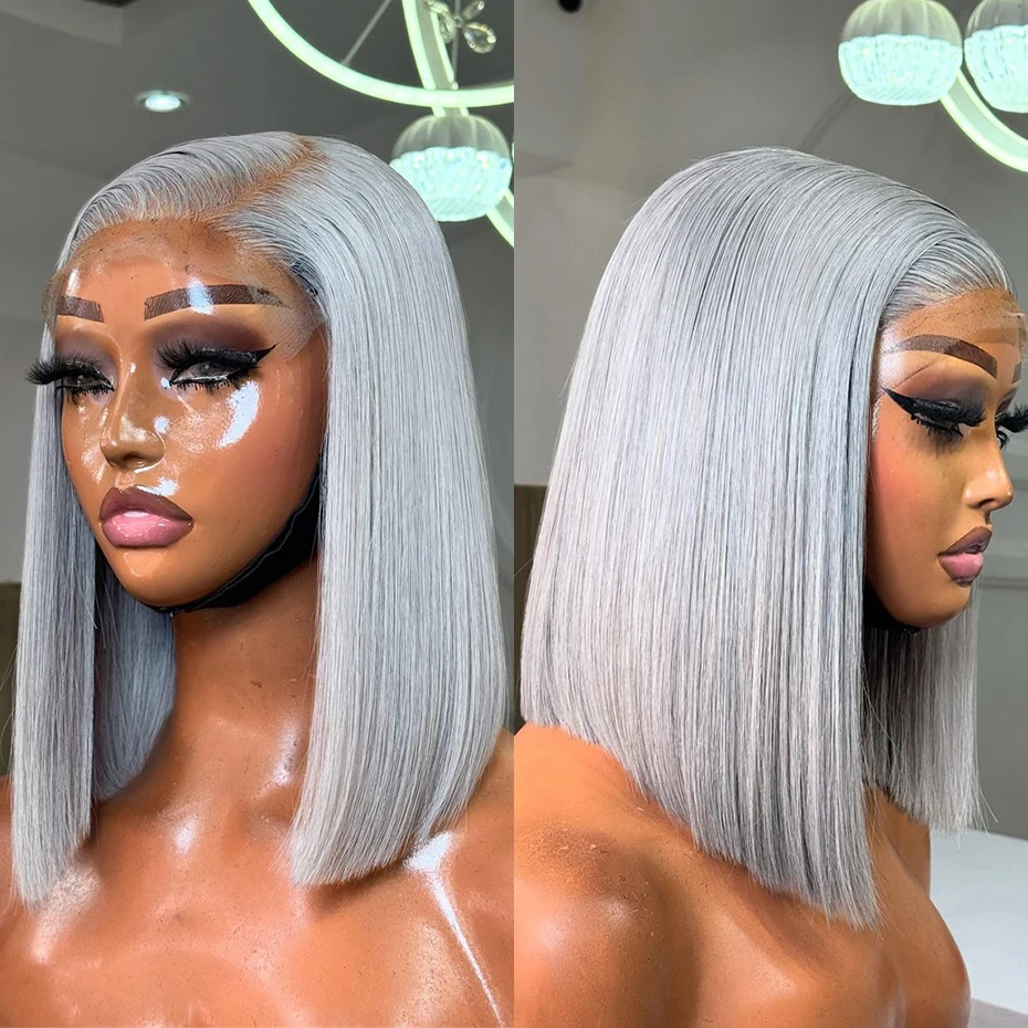 Short Straight Bob Human Hair Wig Silver Grey 13x6 HD Transparent Lace Front Bob Wigs For Women Gray Color Pre Plucked Hairline With Baby Hair 8 10 12 inch