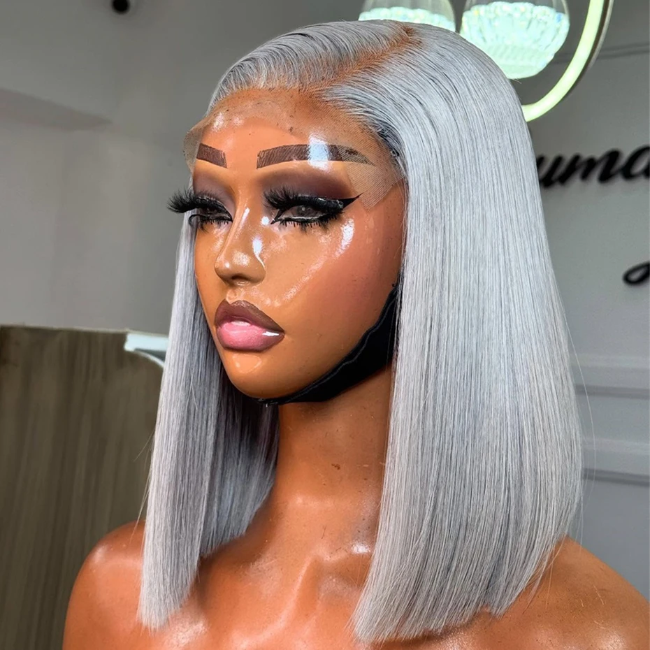 Short Straight Bob Human Hair Wig Silver Grey 13x6 HD Transparent Lace Front Bob Wigs For Women Gray Color Pre Plucked Hairline With Baby Hair 8 10 12 inch