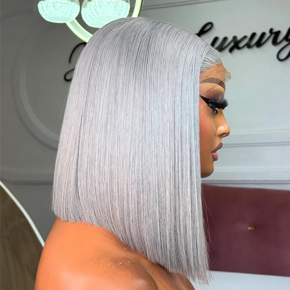 Short Straight Bob Human Hair Wig Silver Grey 13x6 HD Transparent Lace Front Bob Wigs For Women Gray Color Pre Plucked Hairline With Baby Hair 8 10 12 inch