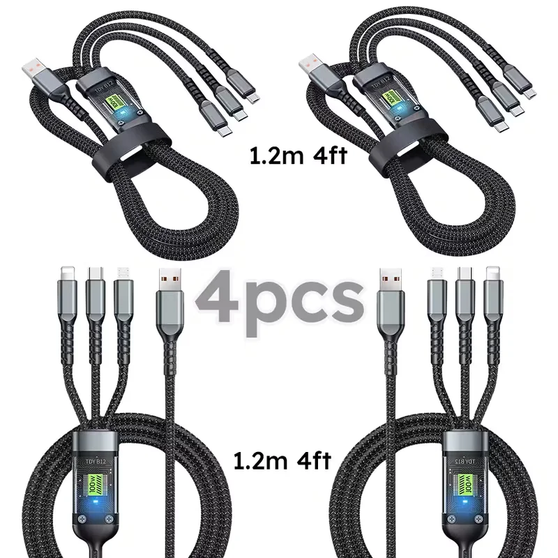 4PCS 3-IN-1 100W Nylon Woven Fast Charging Cable With Type-C, Micro USB, IP Port Compatible With Multiple Devices Multi Port Multiple Charging Wire