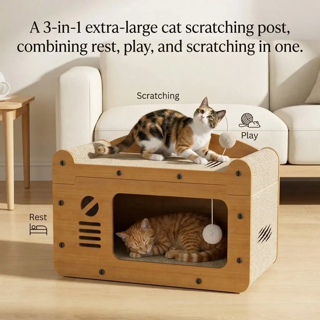 3-In-1 Cat Sofa Bed With Scratching Board, Multifunctional Cat House With Hanging Plush Ball Toy, Corrugated Cardboard Cat Scratcher Hideout For Indoor Kitten Rest & Play