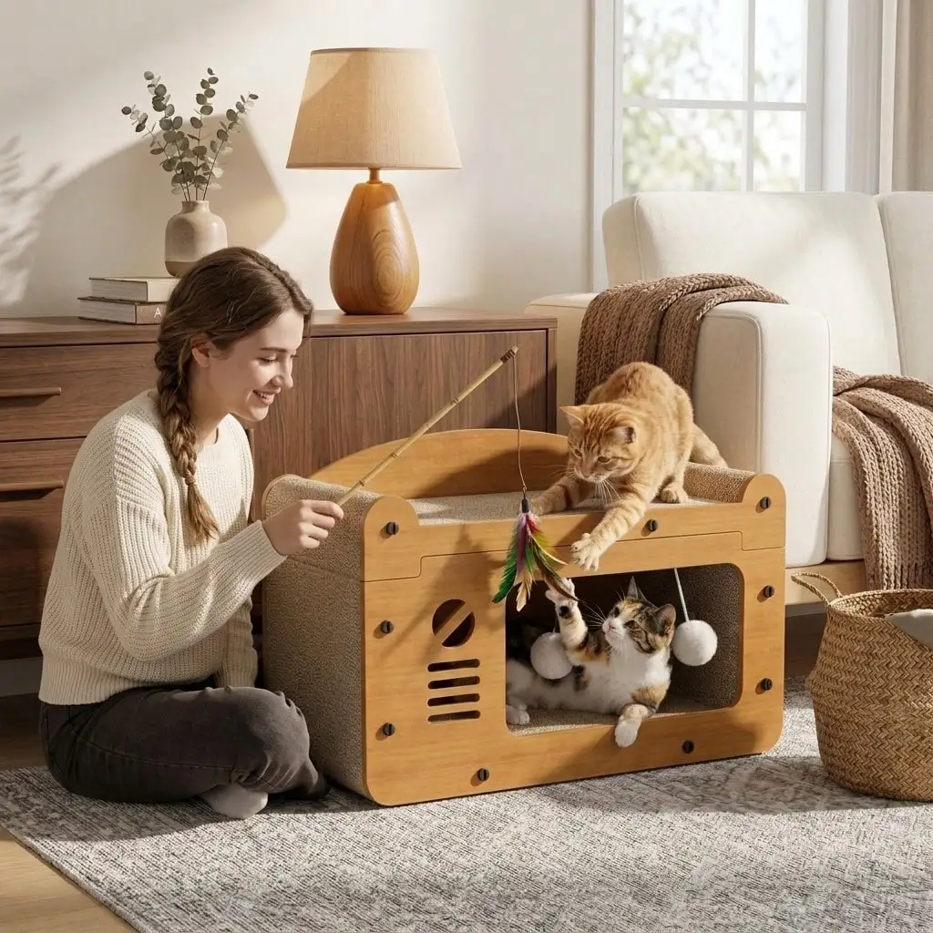 3-In-1 Cat Sofa Bed With Scratching Board, Multifunctional Cat House With Hanging Plush Ball Toy, Corrugated Cardboard Cat Scratcher Hideout For Indoor Kitten Rest & Play