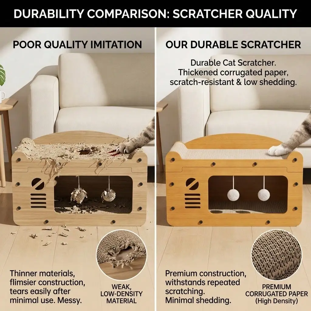 3-In-1 Cat Sofa Bed With Scratching Board, Multifunctional Cat House With Hanging Plush Ball Toy, Corrugated Cardboard Cat Scratcher Hideout For Indoor Kitten Rest & Play
