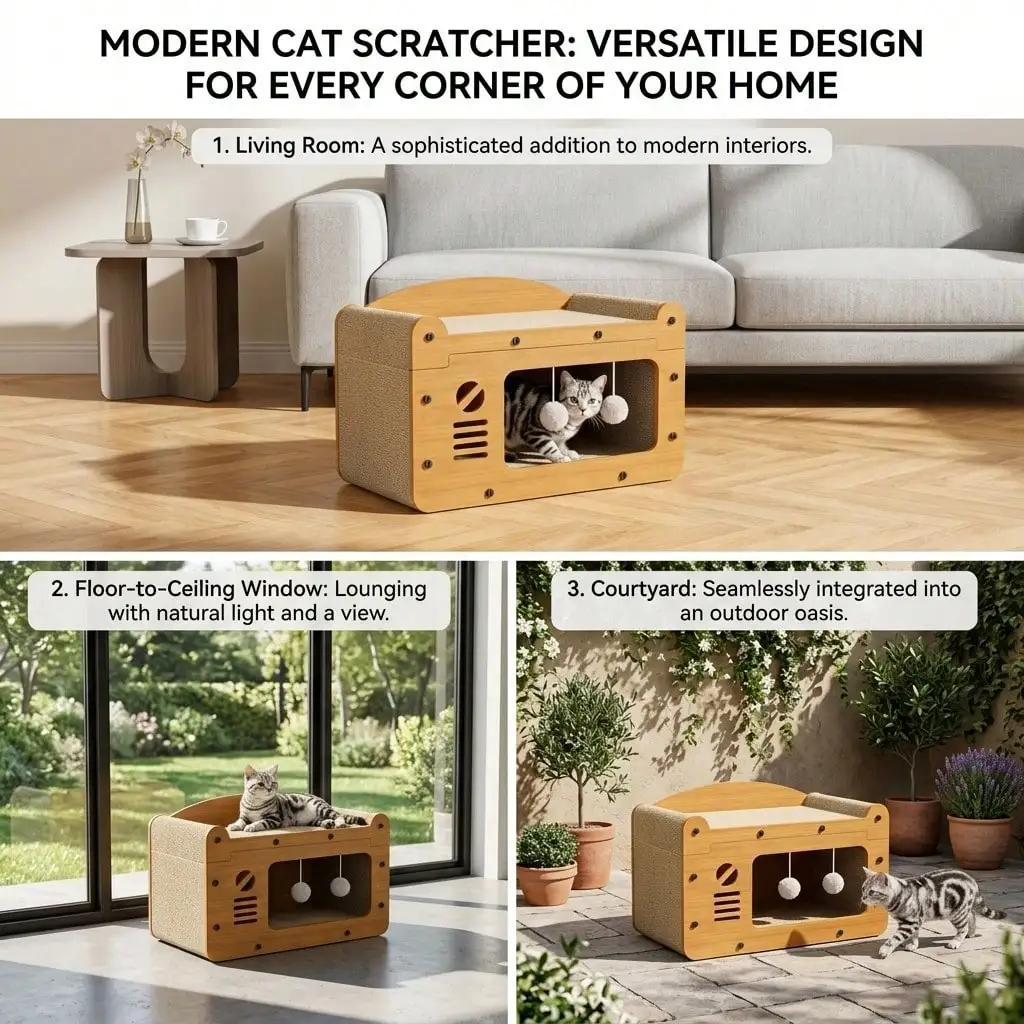 3-In-1 Cat Sofa Bed With Scratching Board, Multifunctional Cat House With Hanging Plush Ball Toy, Corrugated Cardboard Cat Scratcher Hideout For Indoor Kitten Rest & Play