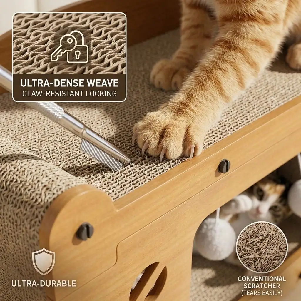 3-In-1 Cat Sofa Bed With Scratching Board, Multifunctional Cat House With Hanging Plush Ball Toy, Corrugated Cardboard Cat Scratcher Hideout For Indoor Kitten Rest & Play