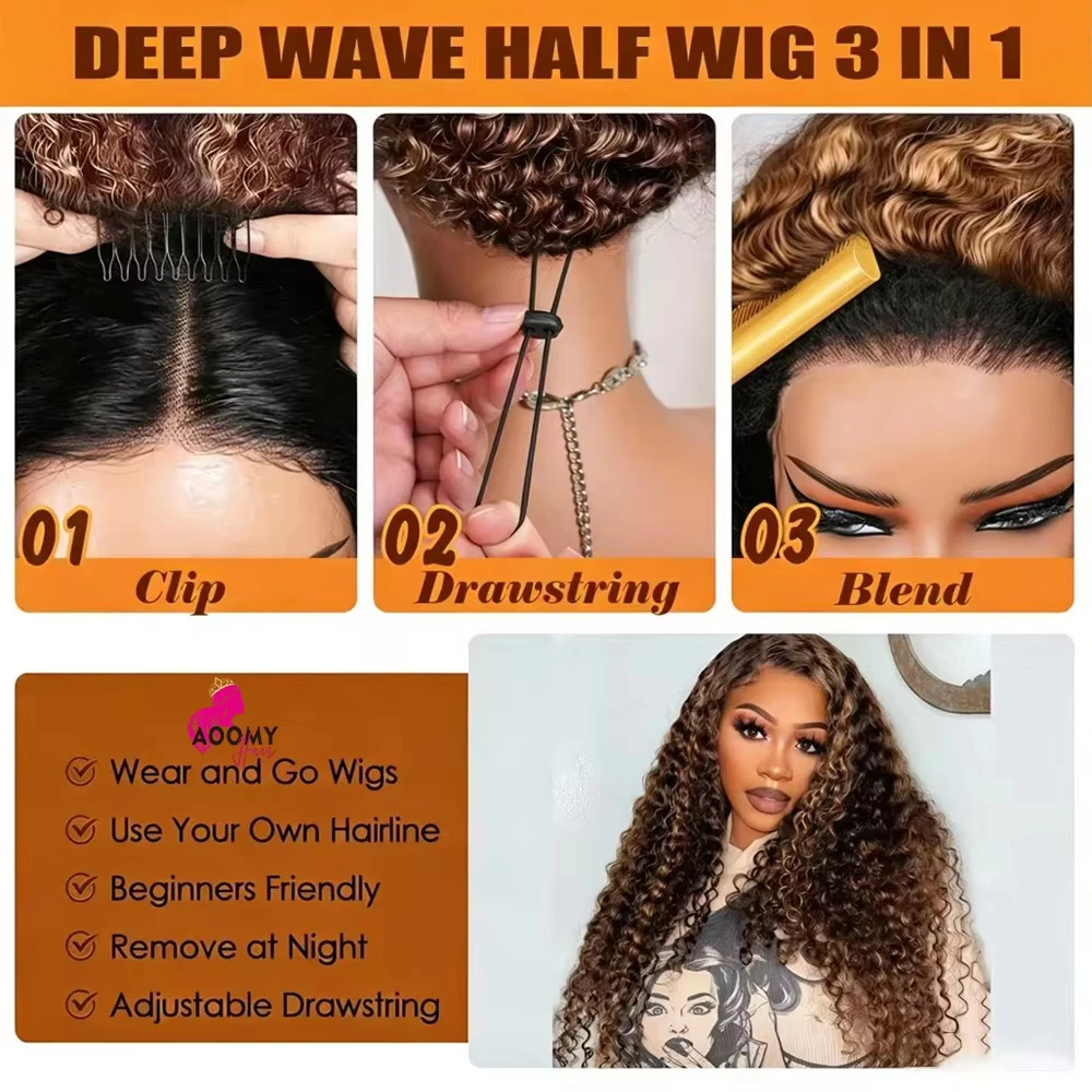 30 Inch Highlight Burmese Curly Half Wig Human Hair Wear and Go Wigs P4/27 Omber Brown to Honey Blonde 3-in-1 Machine Curly Wig For Women