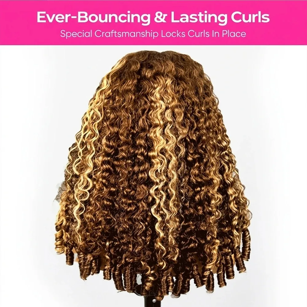 30 Inch Highlight Burmese Curly Half Wig Human Hair Wear and Go Wigs P4/27 Omber Brown to Honey Blonde 3-in-1 Machine Curly Wig For Women