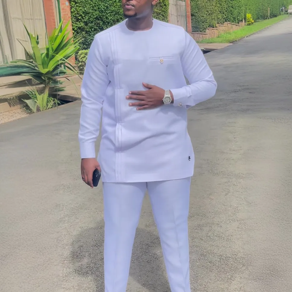 Men's Designer Clother Solid Color White Luxury Brand Clothing For Male African Traditional Outfit Dashiki 2Pc Elegant Men Suits Full Pant Sets
