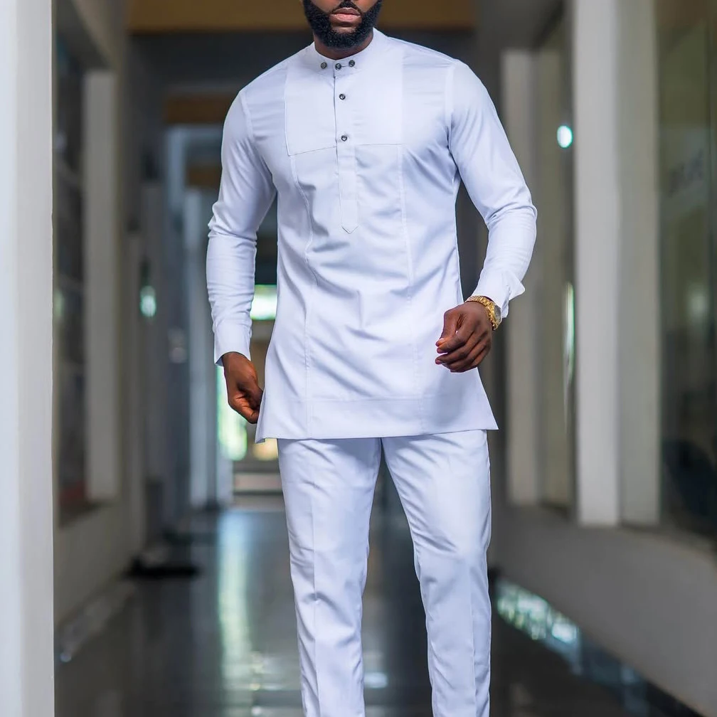 Men's Designer Clother Solid Color White Luxury Brand Clothing For Male African Traditional Outfit Dashiki 2Pc Elegant Men Suits Full Pant Sets