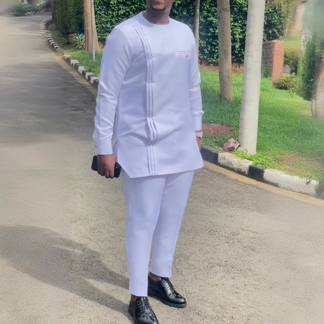 Men's Designer Clother Solid Color White Luxury Brand Clothing For Male African Traditional Outfit Dashiki 2Pc Elegant Men Suits Full Pant Sets