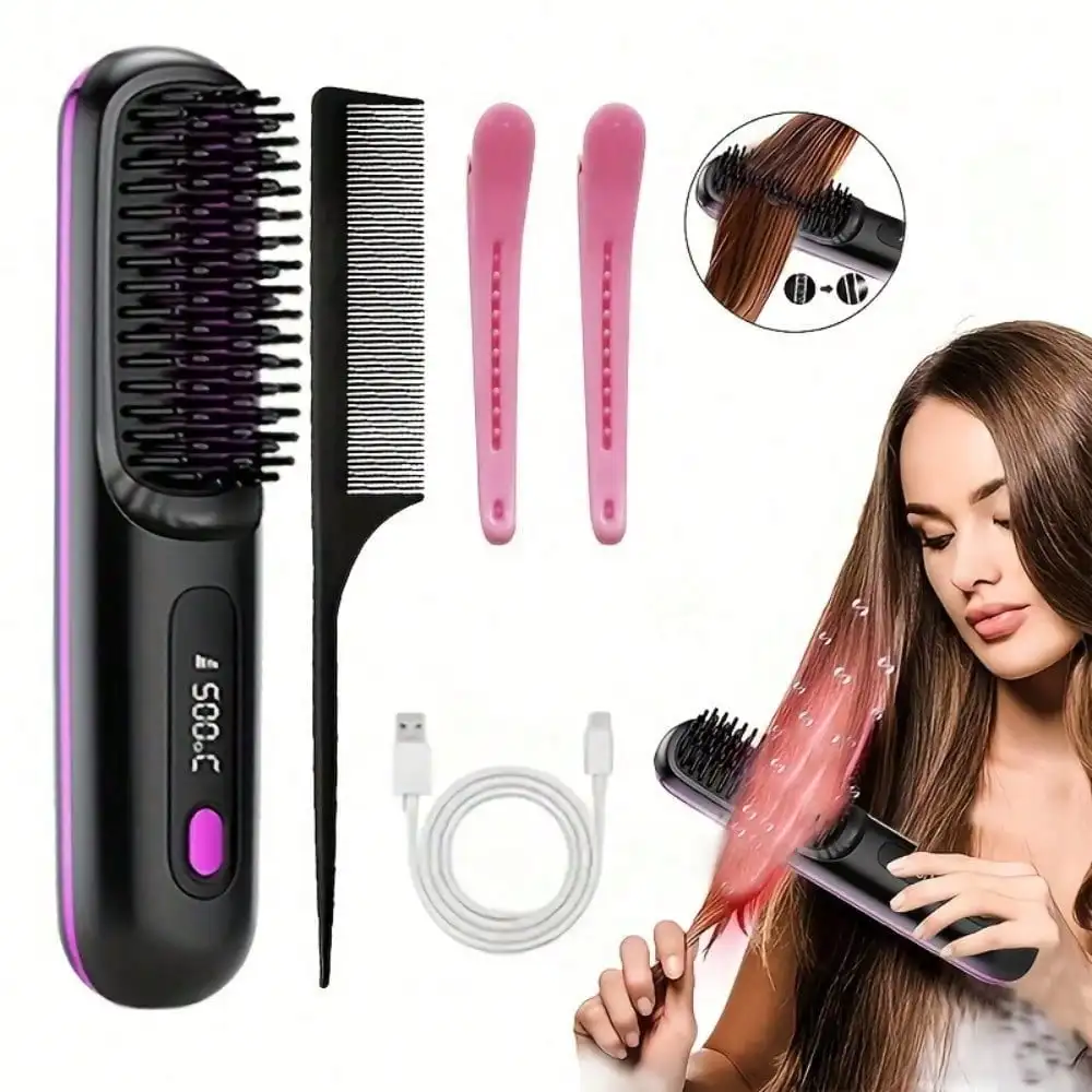 (Color Sent Randomly)Black / White Cordless Hair Straightener Brush, Rapid Heating In 60s, USB-C Charging, Lightweight & Anti-Scald, 3 Temp Settings For All Hair Types, Fast Heating & Type-C Port, Lightweight Straightener Brush For Women