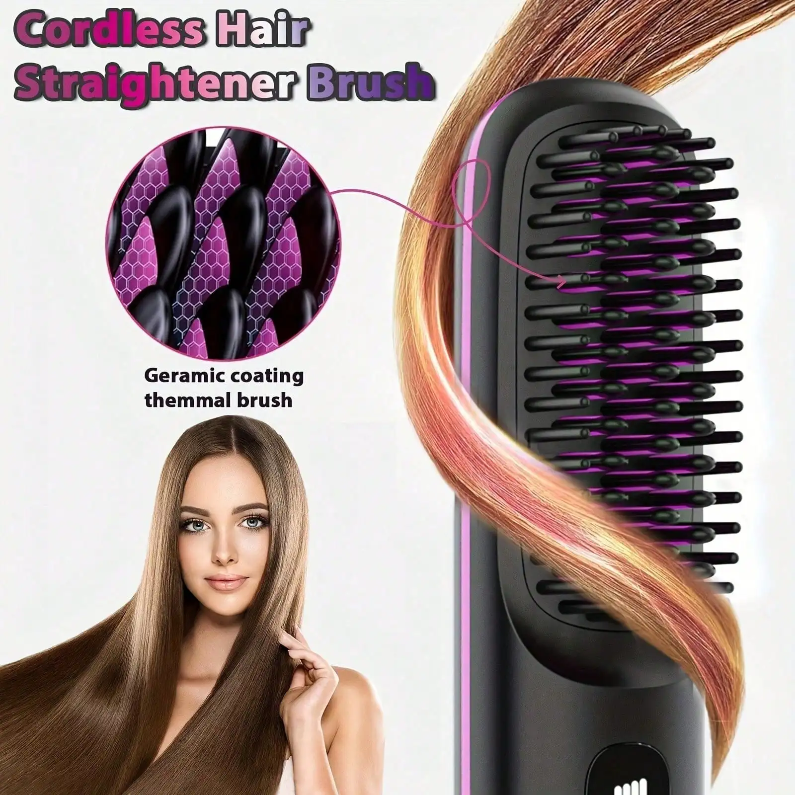 (Color Sent Randomly)Black / White Cordless Hair Straightener Brush, Rapid Heating In 60s, USB-C Charging, Lightweight & Anti-Scald, 3 Temp Settings For All Hair Types, Fast Heating & Type-C Port, Lightweight Straightener Brush For Women