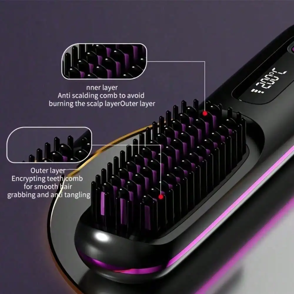 (Color Sent Randomly)Black / White Cordless Hair Straightener Brush, Rapid Heating In 60s, USB-C Charging, Lightweight & Anti-Scald, 3 Temp Settings For All Hair Types, Fast Heating & Type-C Port, Lightweight Straightener Brush For Women