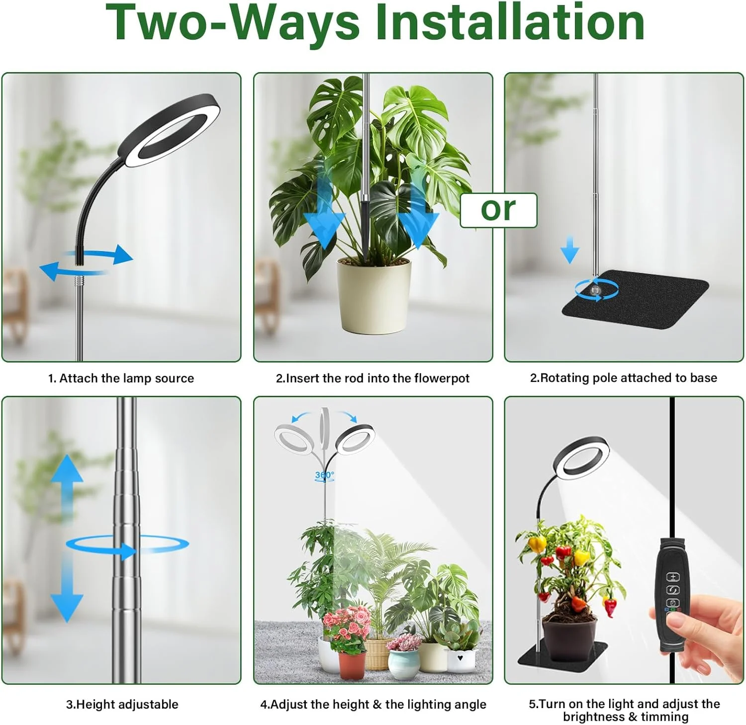 72 LEDs Full Spectrum Plant Grow Light 65 Inch Adjustable Height Automatic Timer with 3/9/12 Hours 10-Level Brightness 360 Degree Gooseneck for Indoor Plants Homes Offices