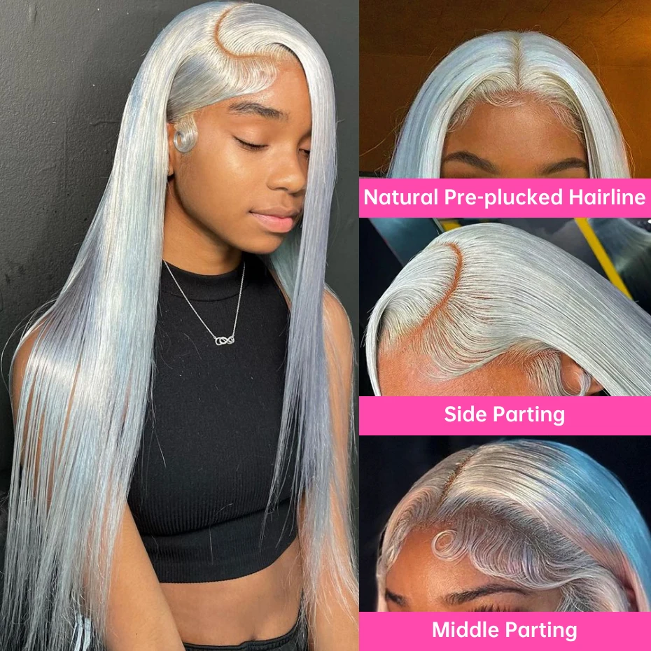 13x6 Silver Grey Wig Human Hair Lace Front Wig Bone Straight 30 40 Inches Transparent Lace Frontal Wig Pre Plucked Peruvian Silver Gray Lace Front Human Hair Wig Body Wave Ash Gray Colored Human Hair Wigs 200 220 Density Free Shipping