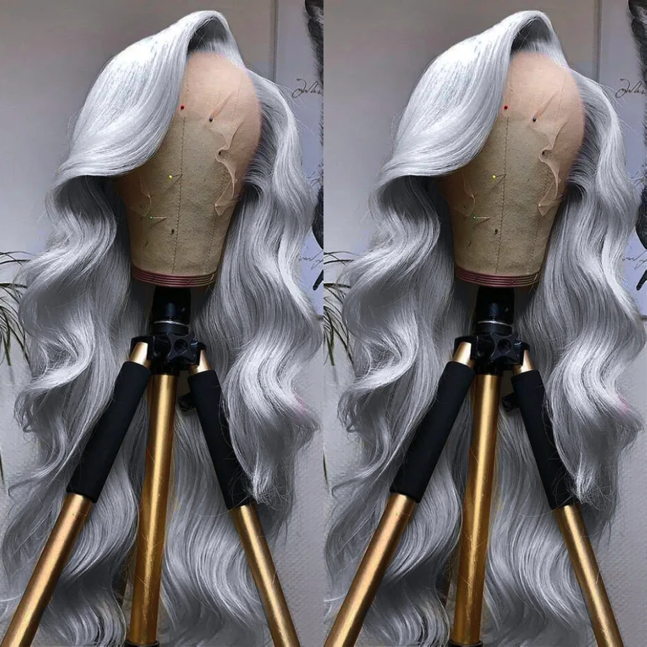 13x6 Silver Grey Wig Human Hair Lace Front Wig Bone Straight 30 40 Inches Transparent Lace Frontal Wig Pre Plucked Peruvian Silver Gray Lace Front Human Hair Wig Body Wave Ash Gray Colored Human Hair Wigs 200 220 Density Free Shipping