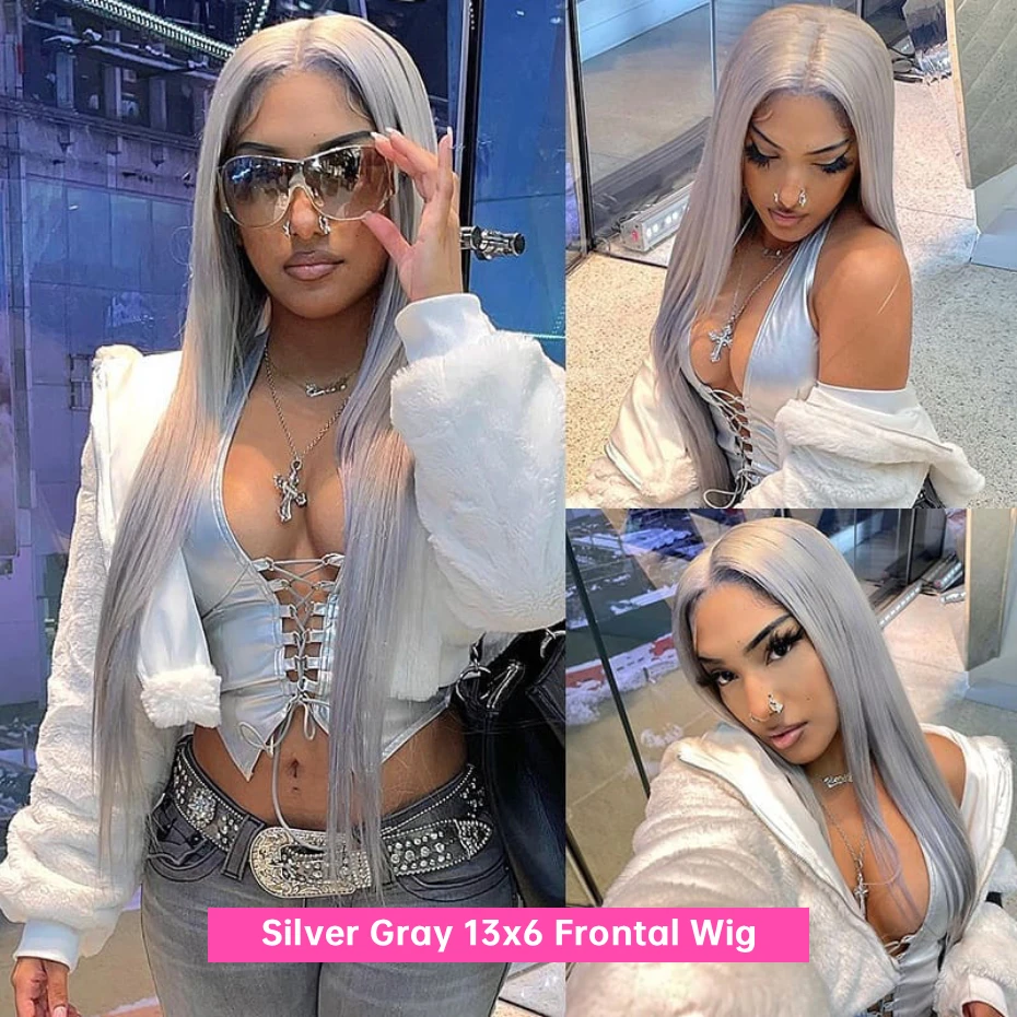 13x6 Silver Grey Wig Human Hair Lace Front Wig Bone Straight 30 40 Inches Transparent Lace Frontal Wig Pre Plucked Peruvian Silver Gray Lace Front Human Hair Wig Body Wave Ash Gray Colored Human Hair Wigs 200 220 Density Free Shipping