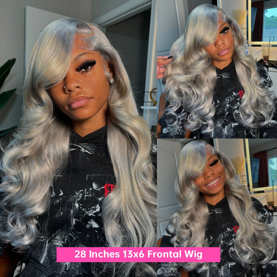 13x6 Silver Grey Wig Human Hair Lace Front Wig Bone Straight 30 40 Inches Transparent Lace Frontal Wig Pre Plucked Peruvian Silver Gray Lace Front Human Hair Wig Body Wave Ash Gray Colored Human Hair Wigs 200 220 Density Free Shipping