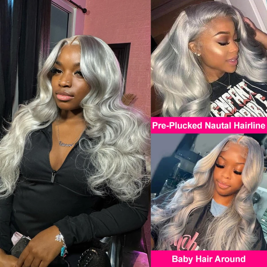 13x6 Silver Grey Wig Human Hair Lace Front Wig Bone Straight 30 40 Inches Transparent Lace Frontal Wig Pre Plucked Peruvian Silver Gray Lace Front Human Hair Wig Body Wave Ash Gray Colored Human Hair Wigs 200 220 Density Free Shipping