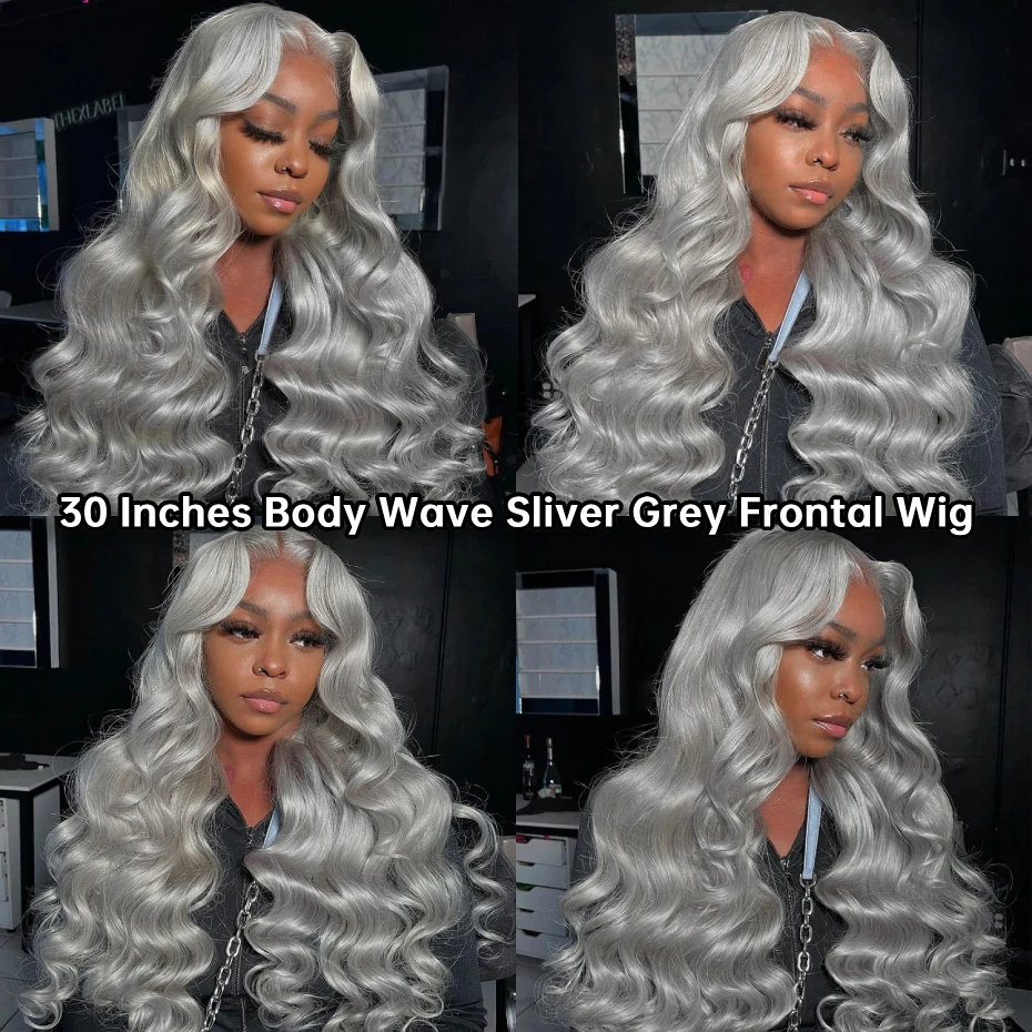 13x6 Silver Grey Wig Human Hair Lace Front Wig Bone Straight 30 40 Inches Transparent Lace Frontal Wig Pre Plucked Peruvian Silver Gray Lace Front Human Hair Wig Body Wave Ash Gray Colored Human Hair Wigs 200 220 Density Free Shipping