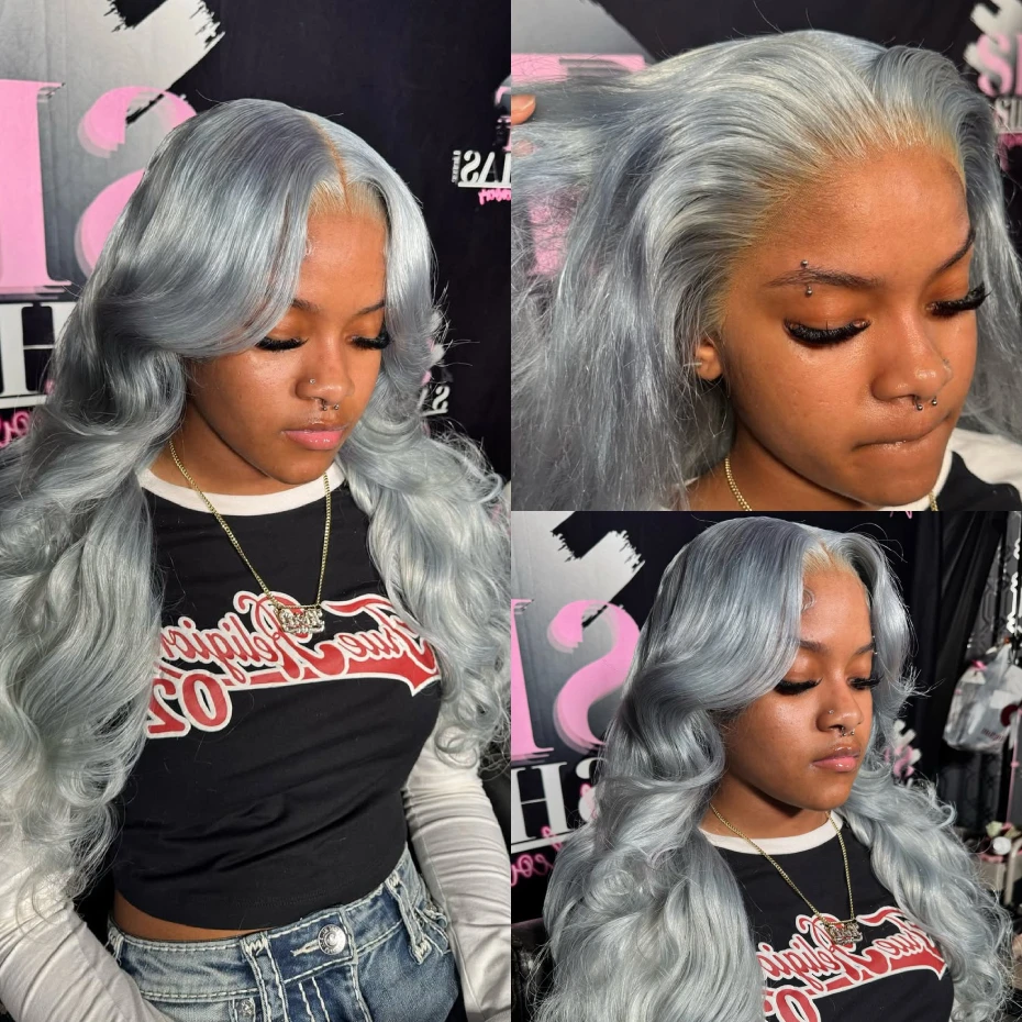 13x6 Silver Grey Wig Human Hair Lace Front Wig Bone Straight 30 40 Inches Transparent Lace Frontal Wig Pre Plucked Peruvian Silver Gray Lace Front Human Hair Wig Body Wave Ash Gray Colored Human Hair Wigs 200 220 Density Free Shipping