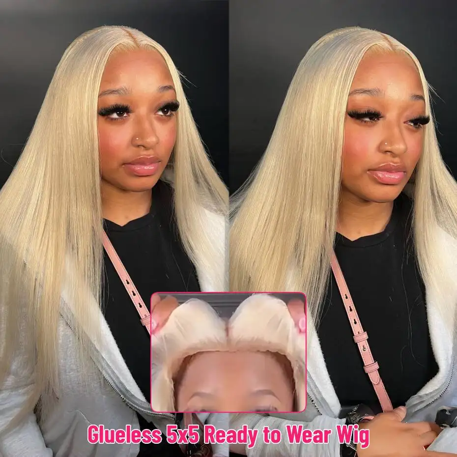 40 42 Inches 5x5 Glueless Wig Bone Straight Pull and Go Human Hair Wigs For Women 613 Blonde Color 5x5 Lace Closure Wig Ready to Wear Wig Pre Cut Lace Daily Wear