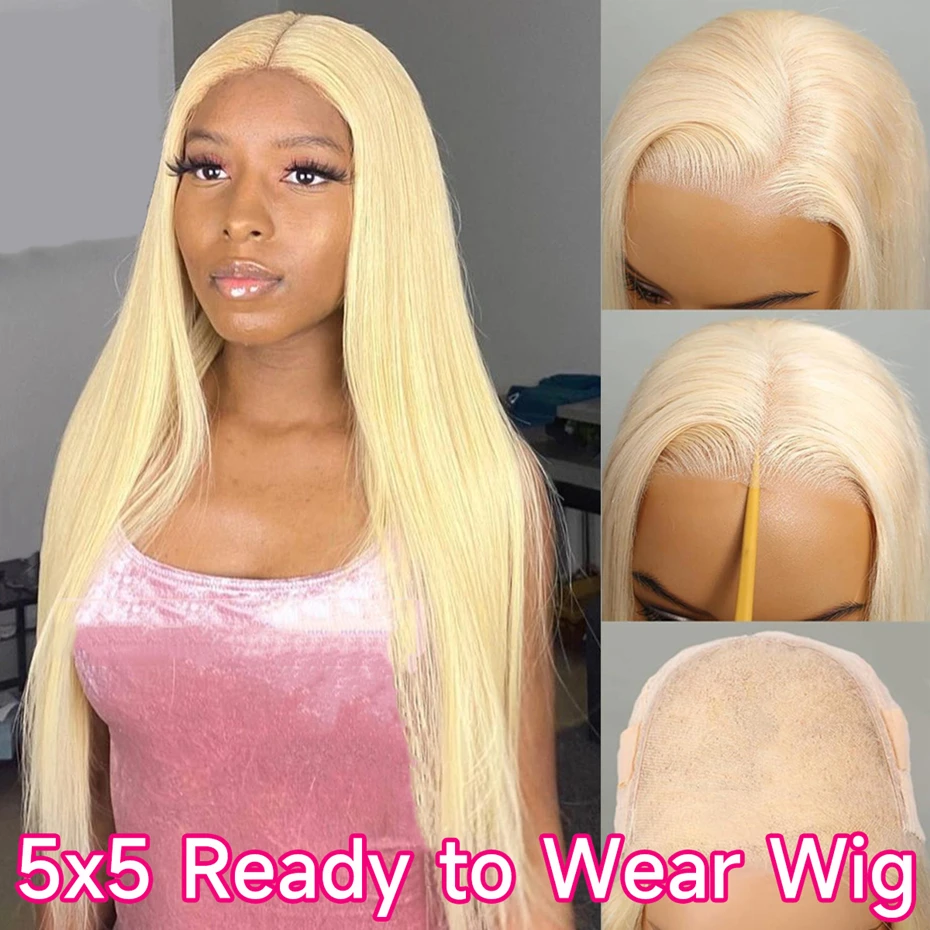 40 42 Inches 5x5 Glueless Wig Bone Straight Pull and Go Human Hair Wigs For Women 613 Blonde Color 5x5 Lace Closure Wig Ready to Wear Wig Pre Cut Lace Daily Wear
