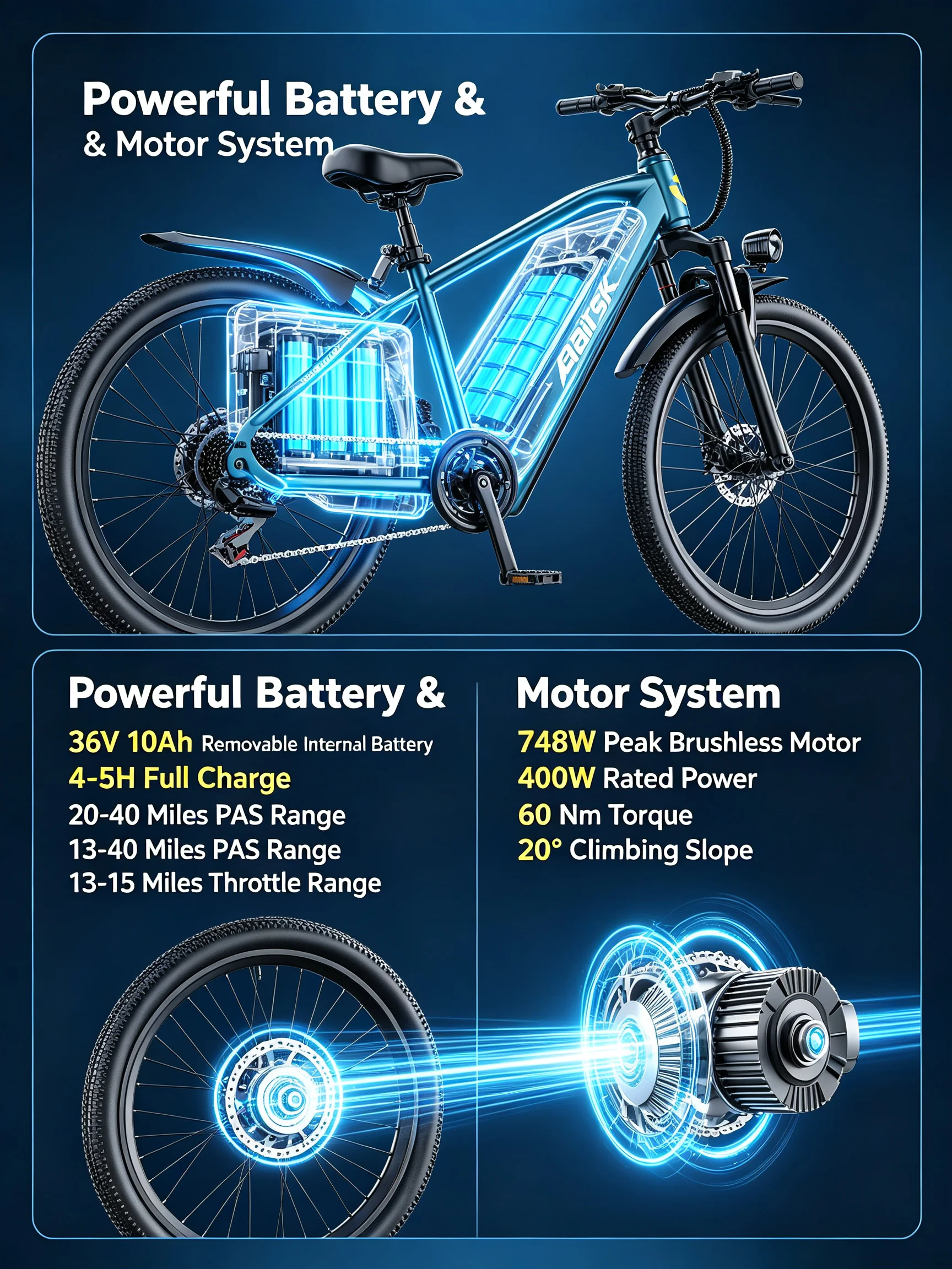 GT300‑24 Blue 24 Inch Adult Electric Bike 48V 23Ah Removable Lithium‑ion Battery Hydraulic Disc Brake Front Shock Absorber Smart LCD Display 3 Riding Modes City Commuter Mountain Ebike for Daily Travel Outdoor Recreation