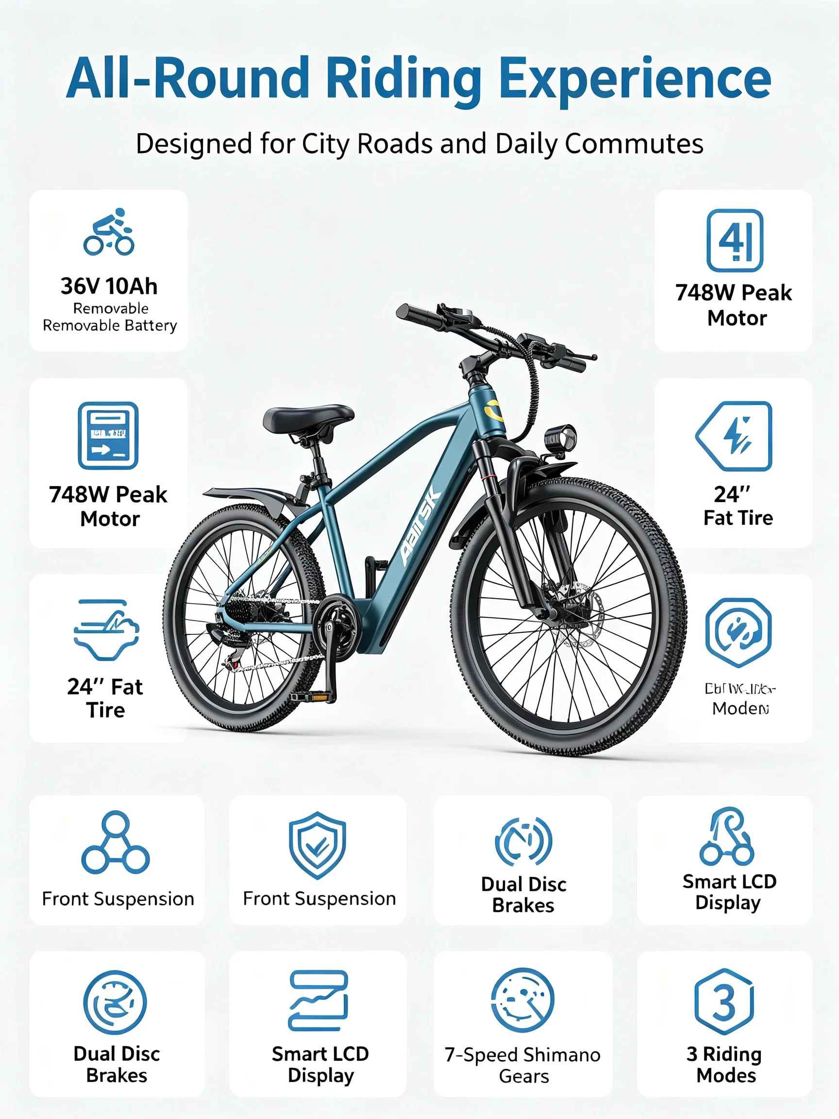 GT300‑24 Blue 24 Inch Adult Electric Bike 48V 23Ah Removable Lithium‑ion Battery Hydraulic Disc Brake Front Shock Absorber Smart LCD Display 3 Riding Modes City Commuter Mountain Ebike for Daily Travel Outdoor Recreation