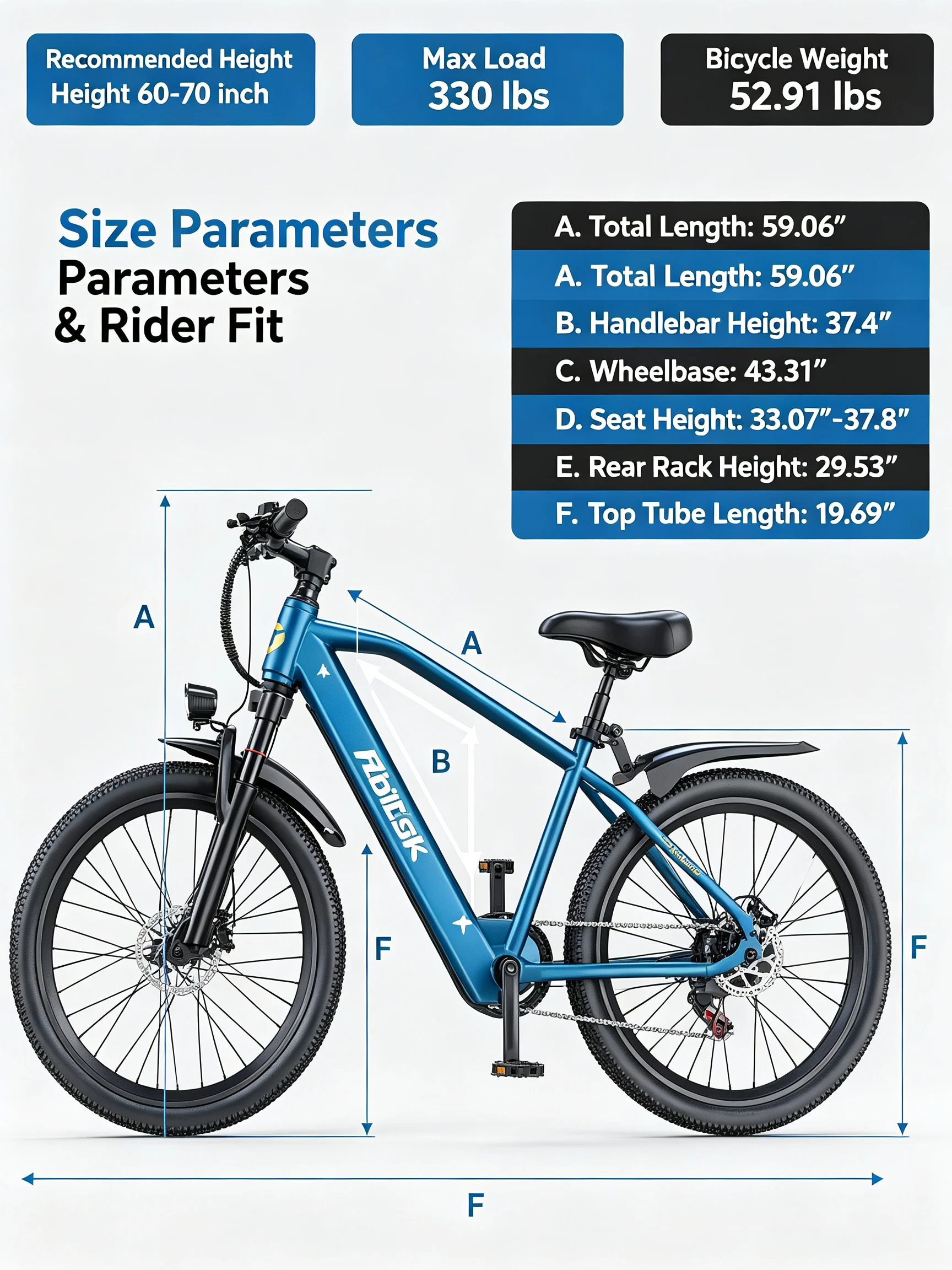 GT300‑24 Blue 24 Inch Adult Electric Bike 48V 23Ah Removable Lithium‑ion Battery Hydraulic Disc Brake Front Shock Absorber Smart LCD Display 3 Riding Modes City Commuter Mountain Ebike for Daily Travel Outdoor Recreation