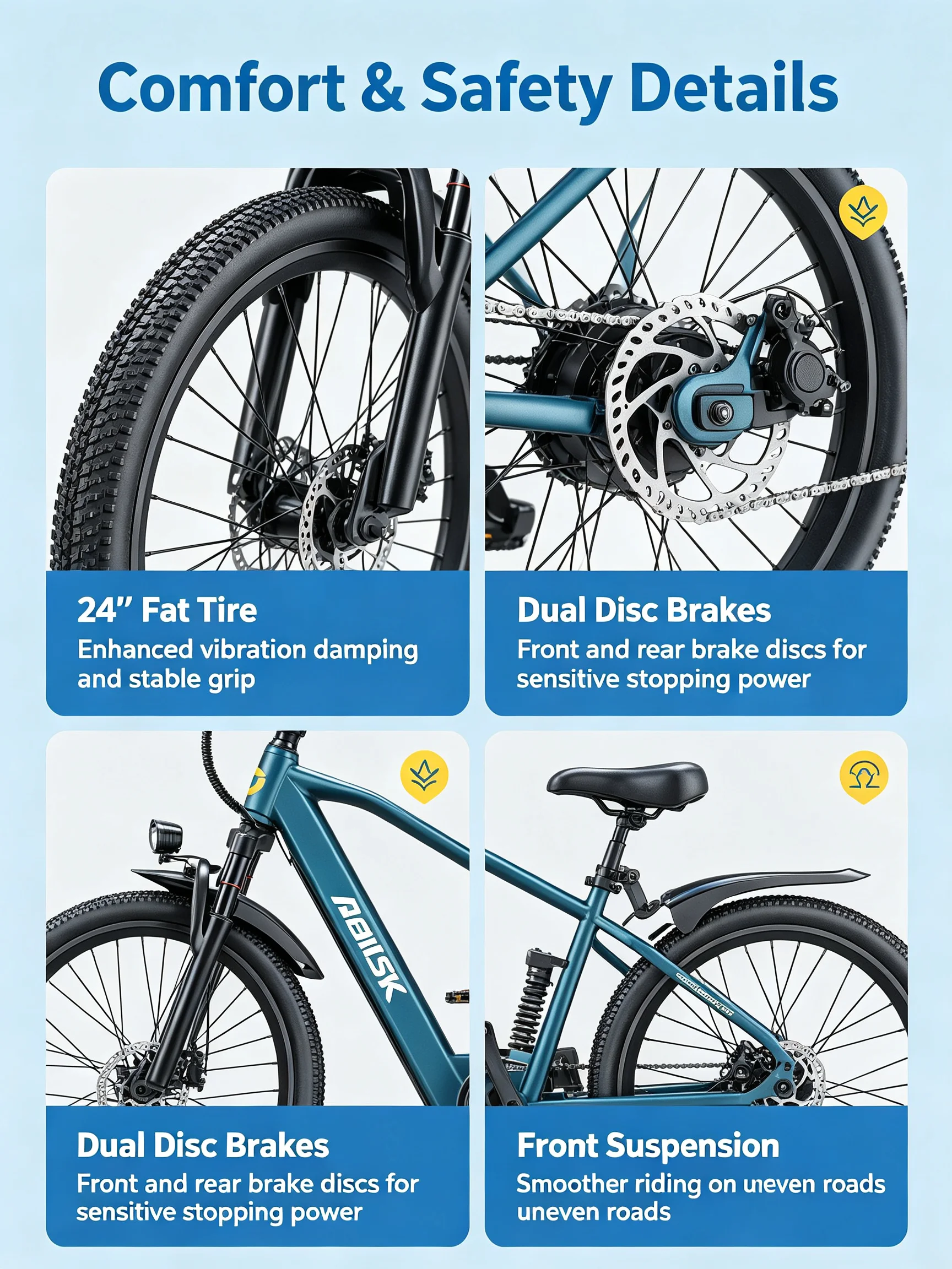 GT300‑24 Blue 24 Inch Adult Electric Bike 48V 23Ah Removable Lithium‑ion Battery Hydraulic Disc Brake Front Shock Absorber Smart LCD Display 3 Riding Modes City Commuter Mountain Ebike for Daily Travel Outdoor Recreation