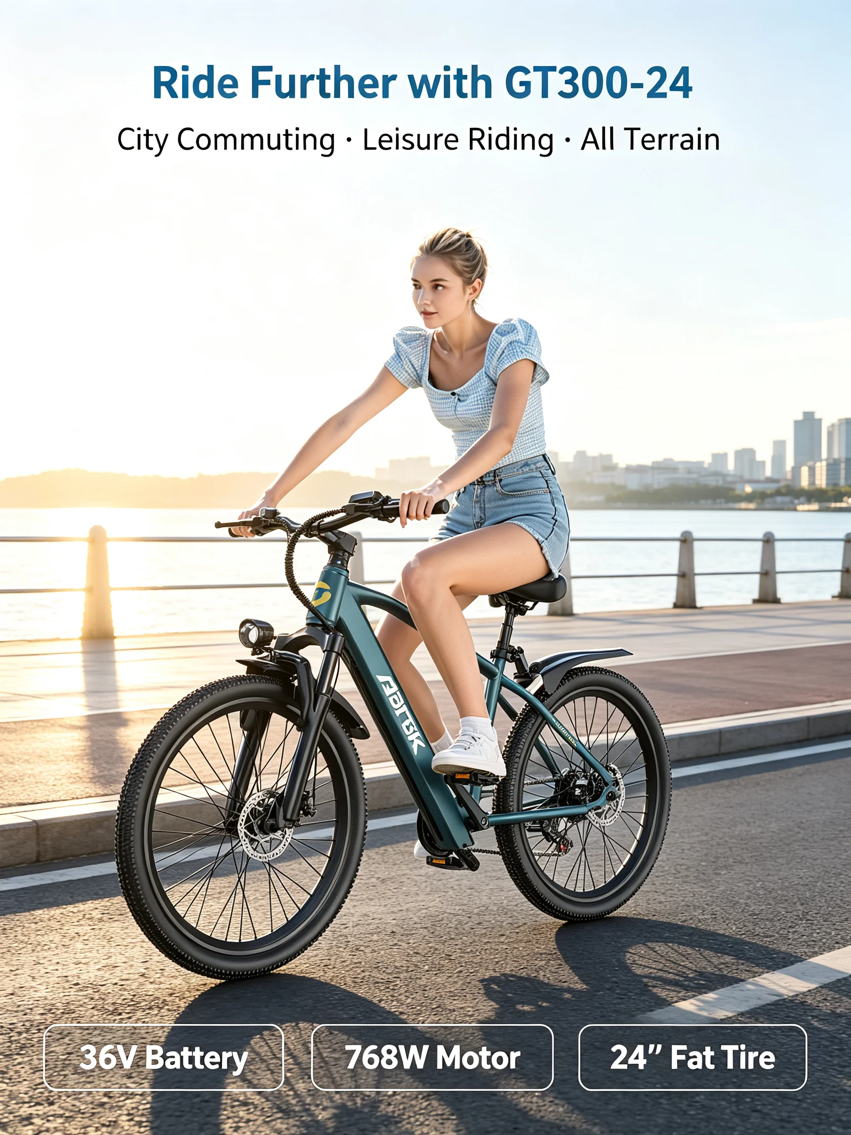 GT300‑24 Blue 24 Inch Adult Electric Bike 48V 23Ah Removable Lithium‑ion Battery Hydraulic Disc Brake Front Shock Absorber Smart LCD Display 3 Riding Modes City Commuter Mountain Ebike for Daily Travel Outdoor Recreation