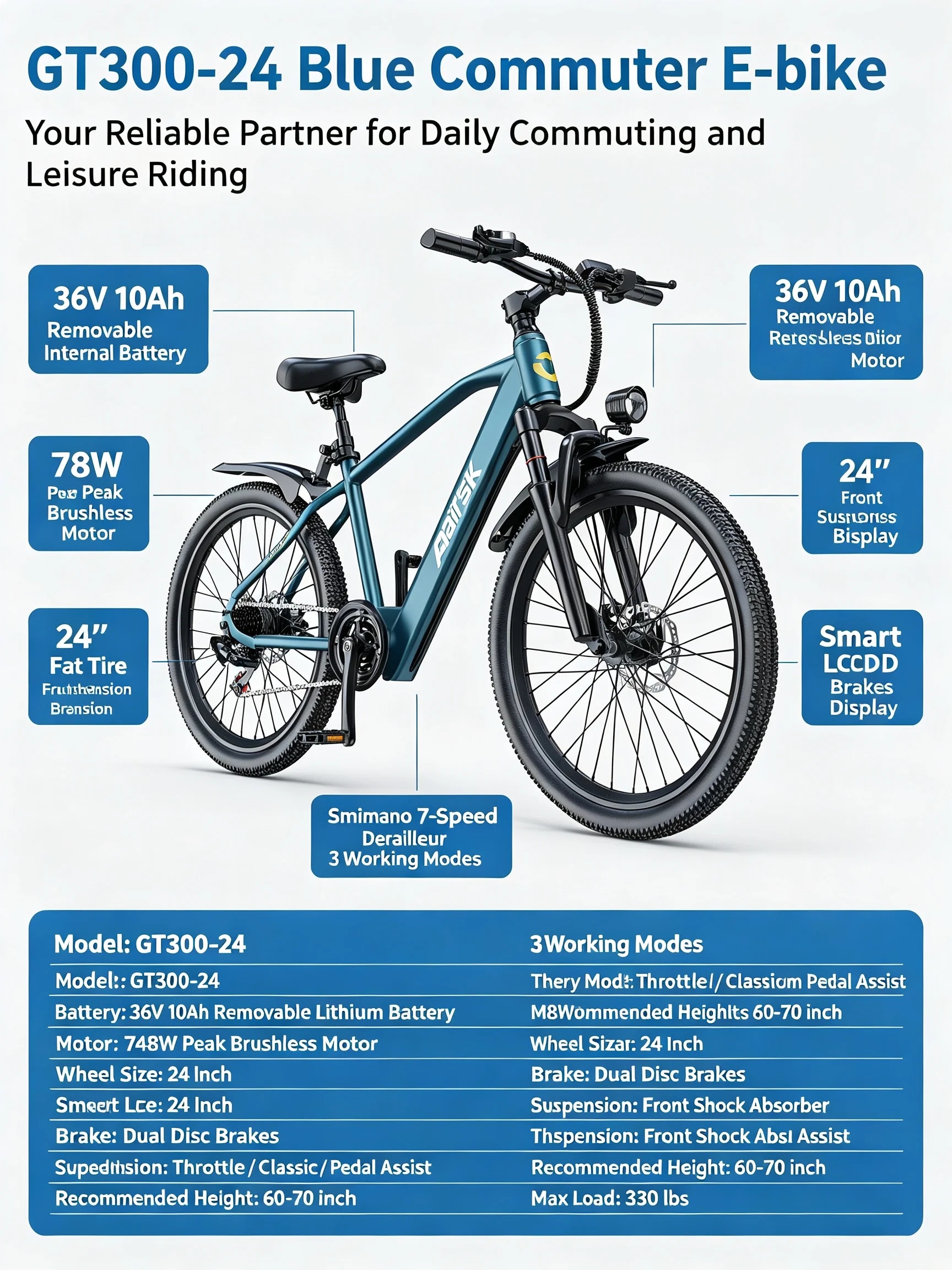 GT300‑24 Blue 24 Inch Adult Electric Bike 48V 23Ah Removable Lithium‑ion Battery Hydraulic Disc Brake Front Shock Absorber Smart LCD Display 3 Riding Modes City Commuter Mountain Ebike for Daily Travel Outdoor Recreation