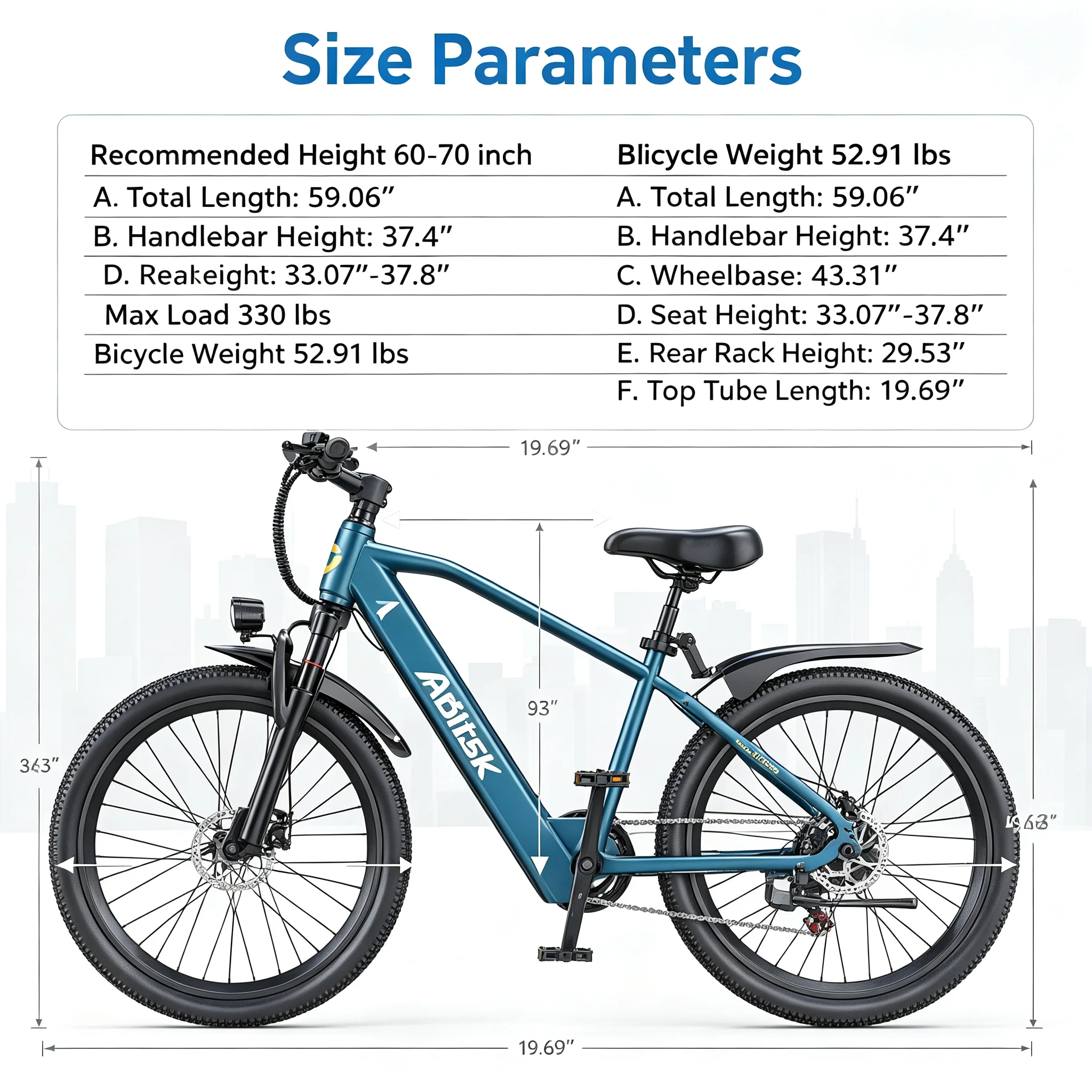 GT300‑24 Blue 24 Inch Adult Electric Bike 48V 23Ah Removable Lithium‑ion Battery Hydraulic Disc Brake Front Shock Absorber Smart LCD Display 3 Riding Modes City Commuter Mountain Ebike for Daily Travel Outdoor Recreation